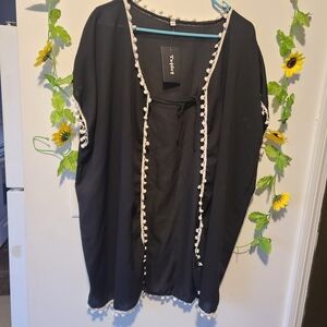 Black Pom-Pom Trim Open Front Kimono